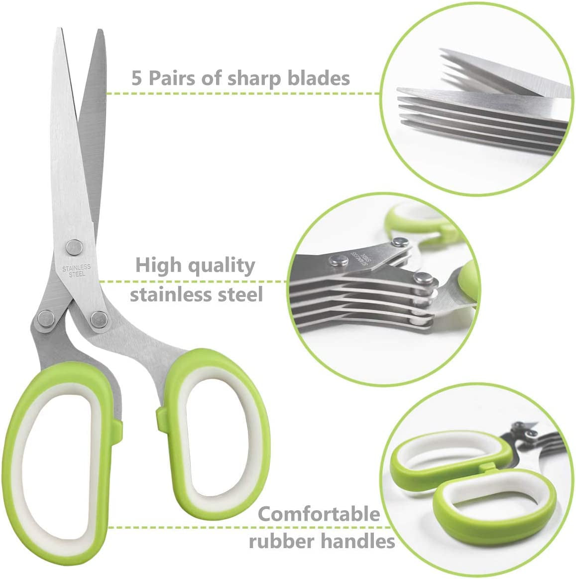 5-Blade Herb Cutter Scissors with Safety Cover, Cleaning Comb - Green