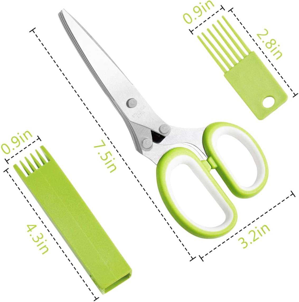 5-Blade Herb Cutter Scissors with Safety Cover, Cleaning Comb - Green