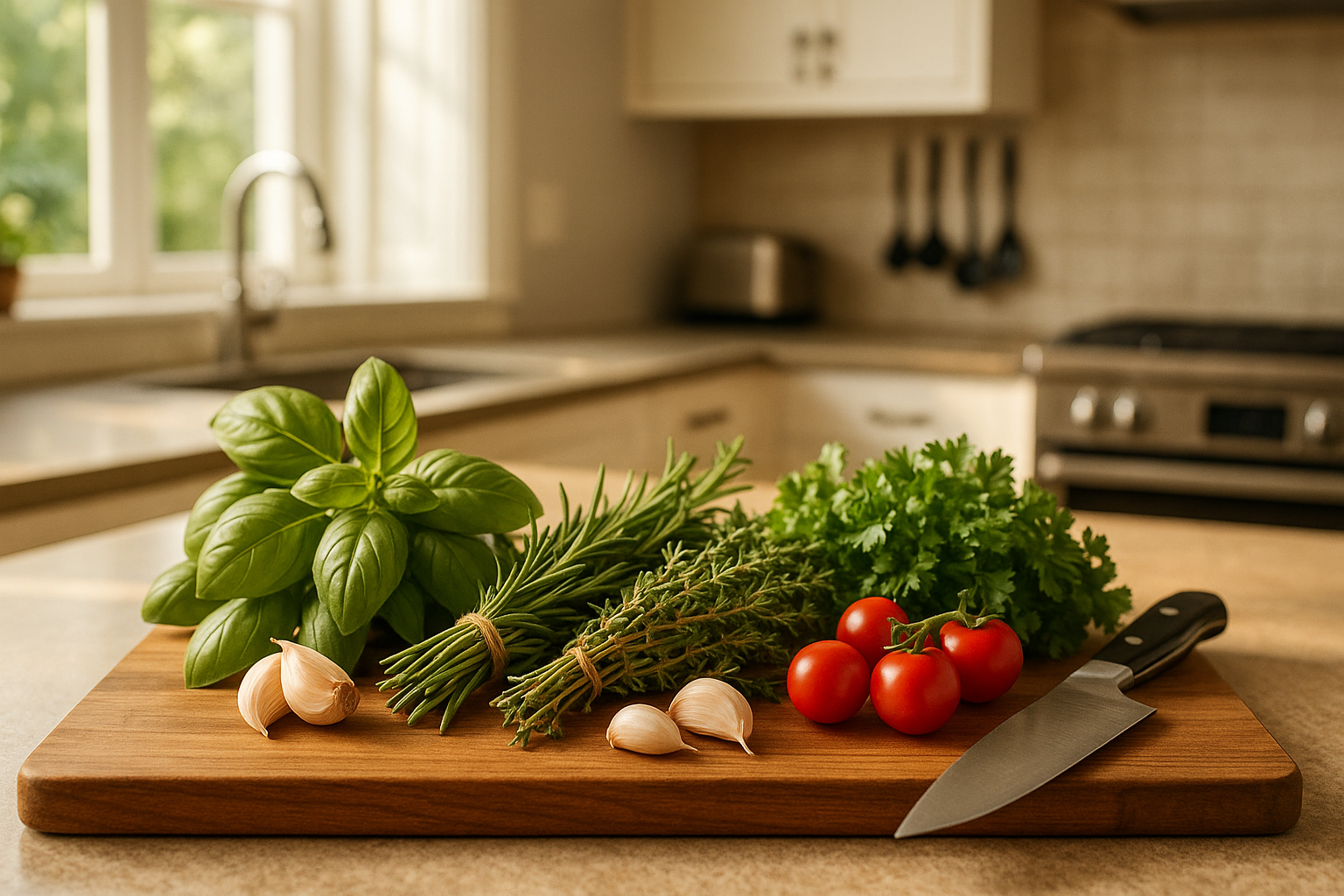 Professional photo of home kitchen with herbs, etc on a cutting board